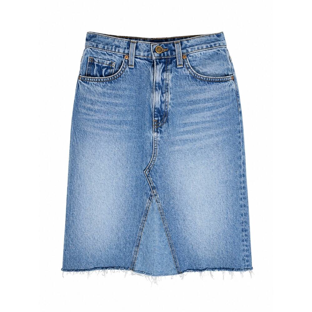 Khaite High-Waist Denim Midi Skirt in Faded Blue